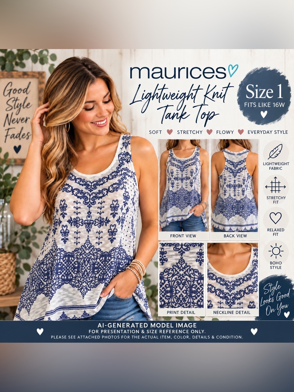 MAURICES NAVY & IVORY BOHO PRINT LIGHTWEIGHT KNIT TANK • SIZE 1